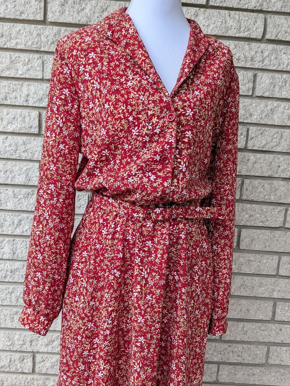 Vintage 90's Maxi Dress Secretary Geek Floral Red Belted Waist Size 8 Appleseeds